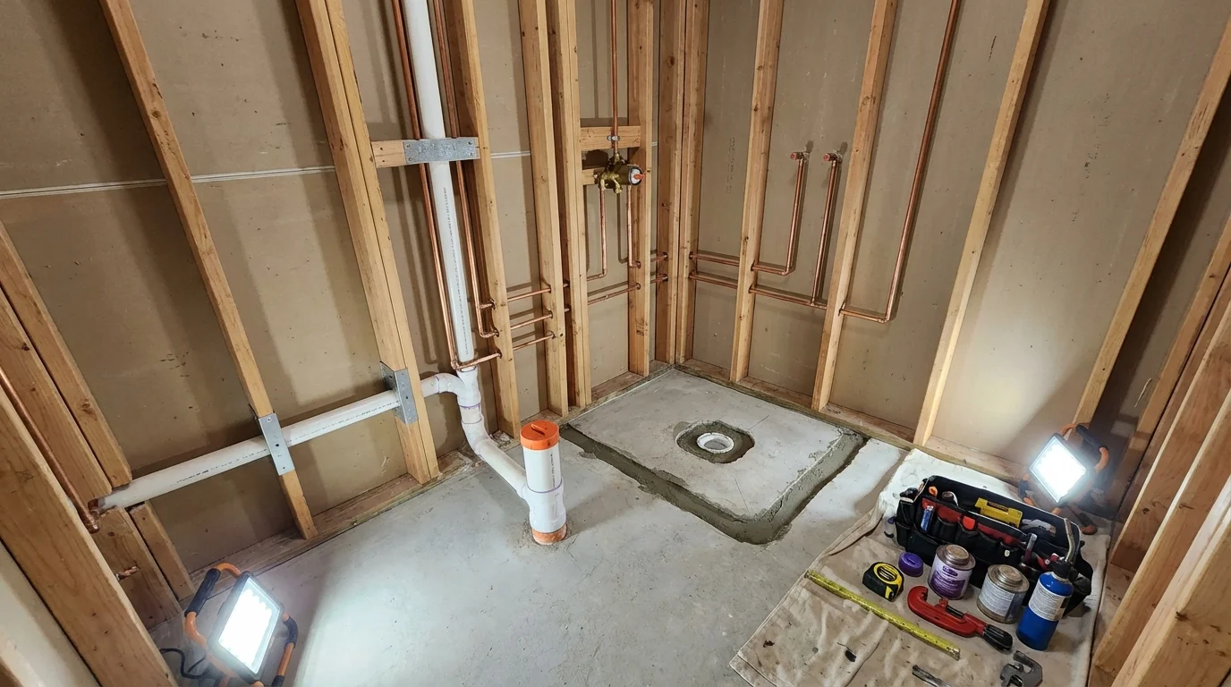 Bathroom rough-in plumbing during remodel by Johns Plumbing LLC in Perryville
