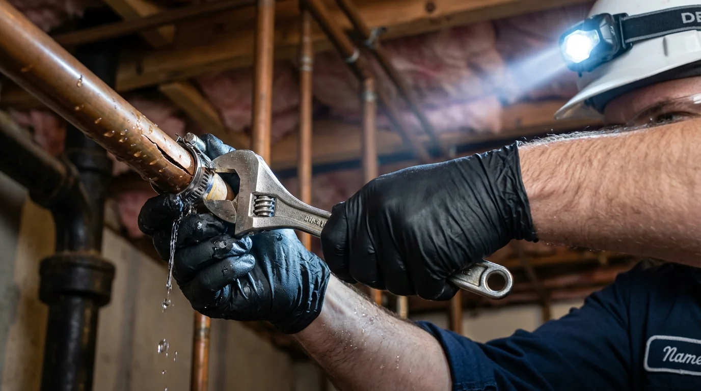 Emergency pipe clamp repair being performed by a Johns Plumbing LLC plumber in Perryville