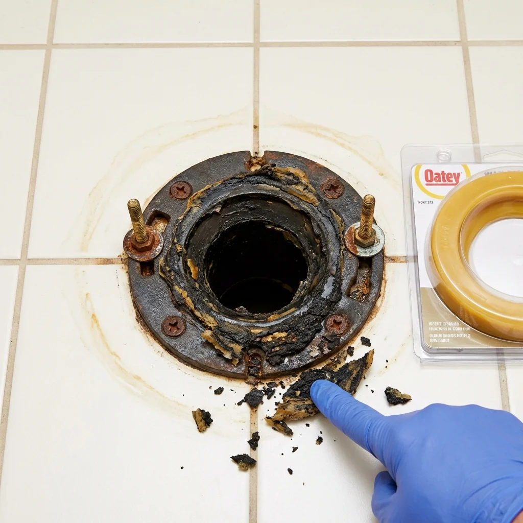 Failed wax ring showing water seepage at the base of a toilet in a Perryville, MO home
