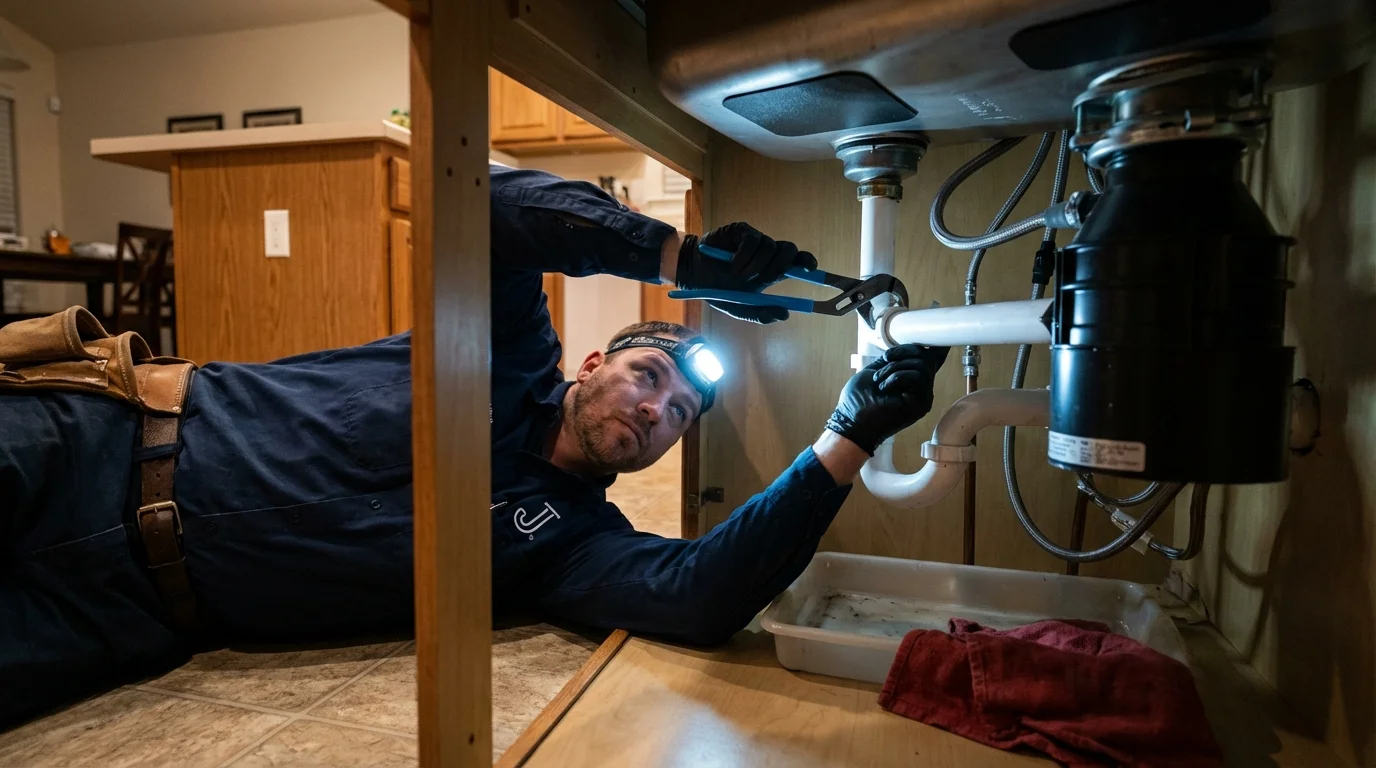 P-trap and supply line connections under a kitchen sink showing a common leak point in Perryville, MO